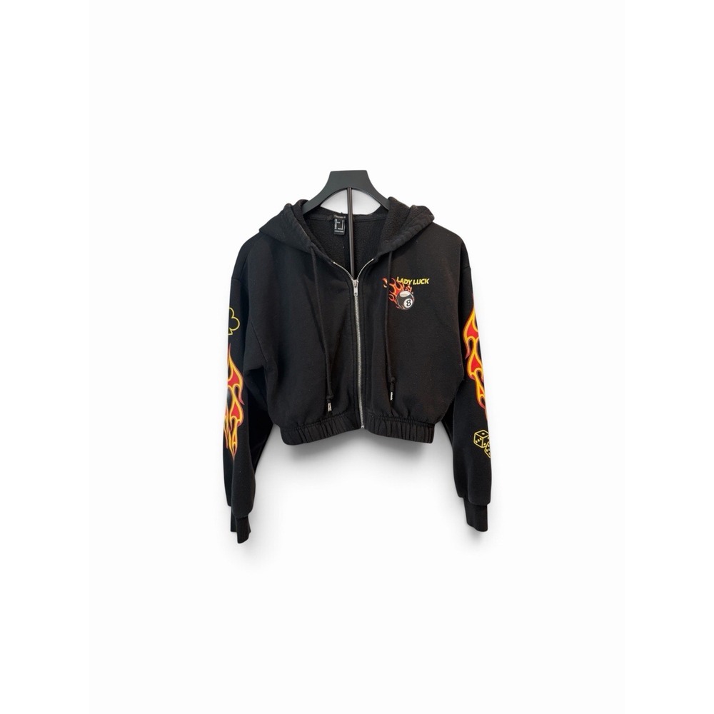 Forever 21 Women's S Cropped Zip Hoodie Lady Luck 8 Ball Flame Y2K Biker